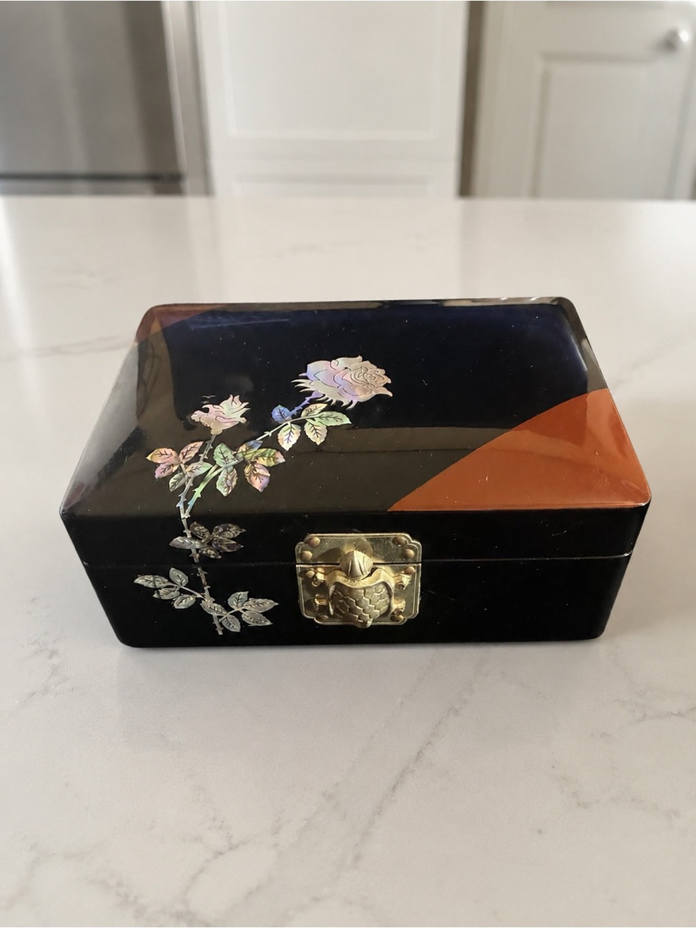 Vintage Black Lacquer Mother of Pearl Rose Jewelry Box Turtle Latch Mirror
